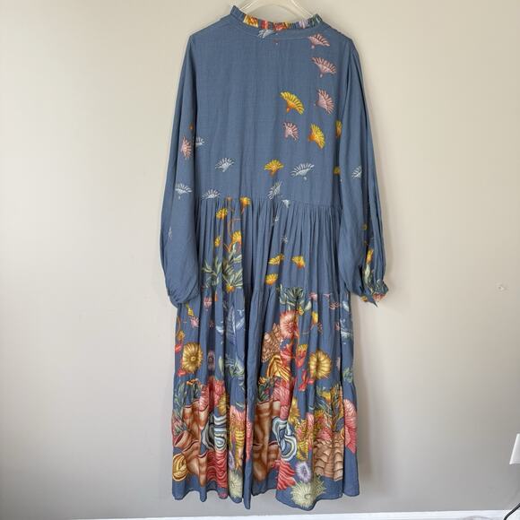 Carolina K Maxi Dress Blue Floral Prints Button Front Size S Long Puff Sleeves - Picture 8 of 11